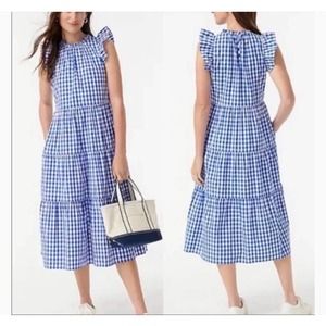 J. Crew Tiered ruffle-sleeve dress blue & white gingham plaid